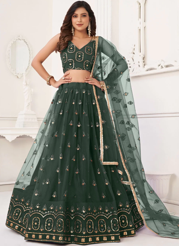 Mehendi Function Net Sequence Embroidered Green Lehenga Choli